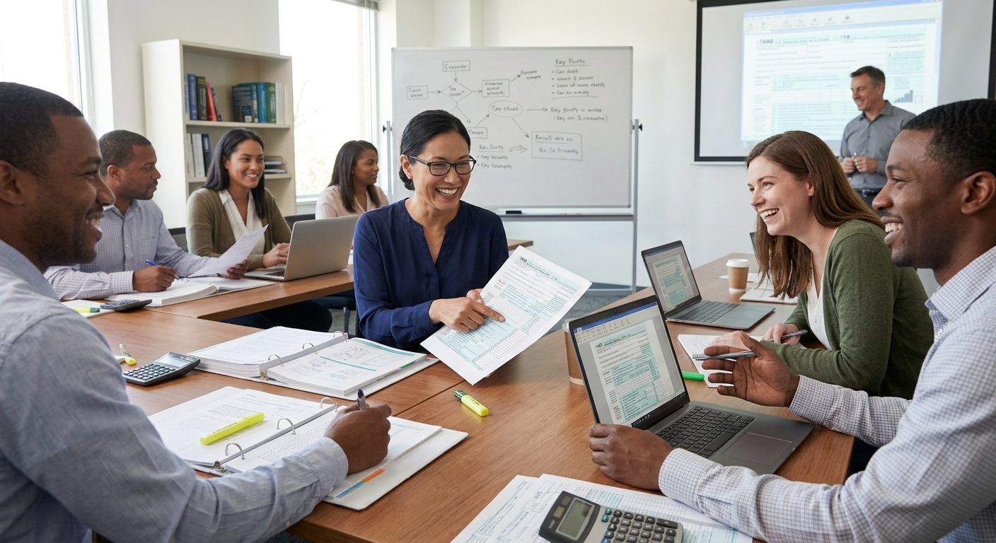 Students reviewing Form 1040 tax returns together in a Goal USA tax training class