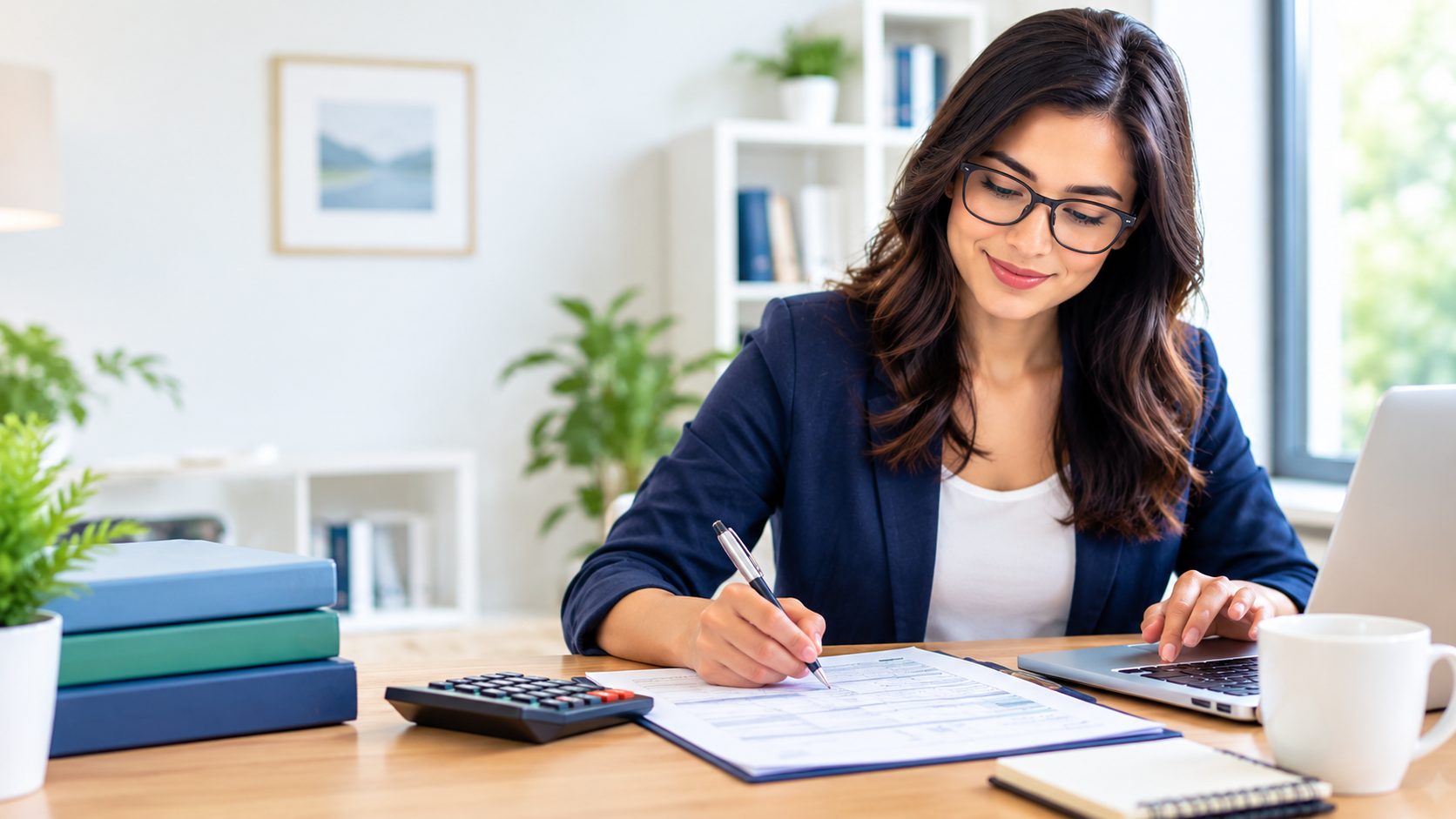A tax professional completing a return at a desk with reference books and a calculator