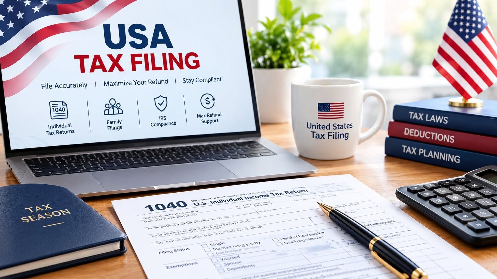USA business tax filing with Form 1040, tax law reference books and a calculator